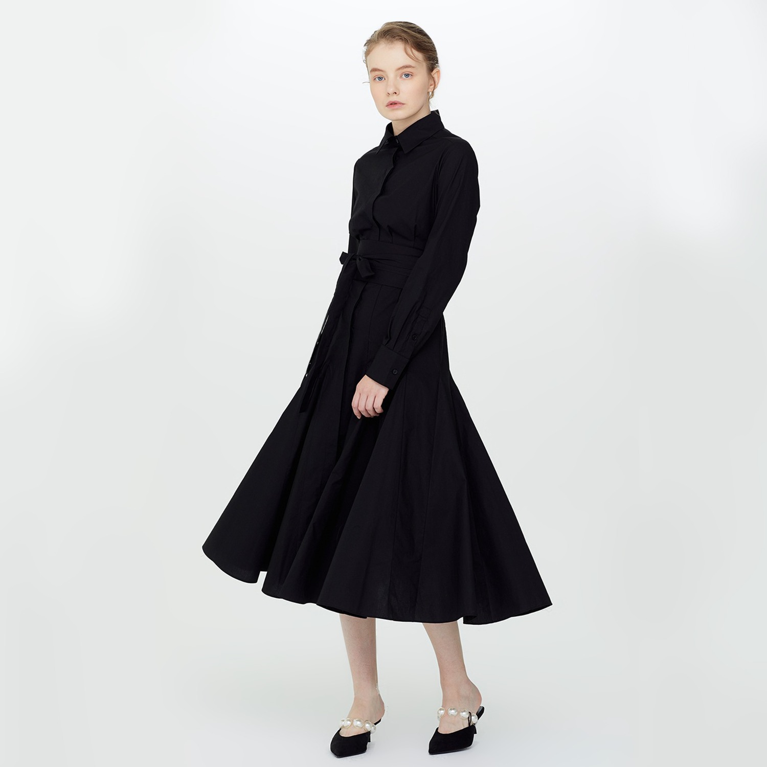 Lady&#039;s Belted A-Line Dress - Black