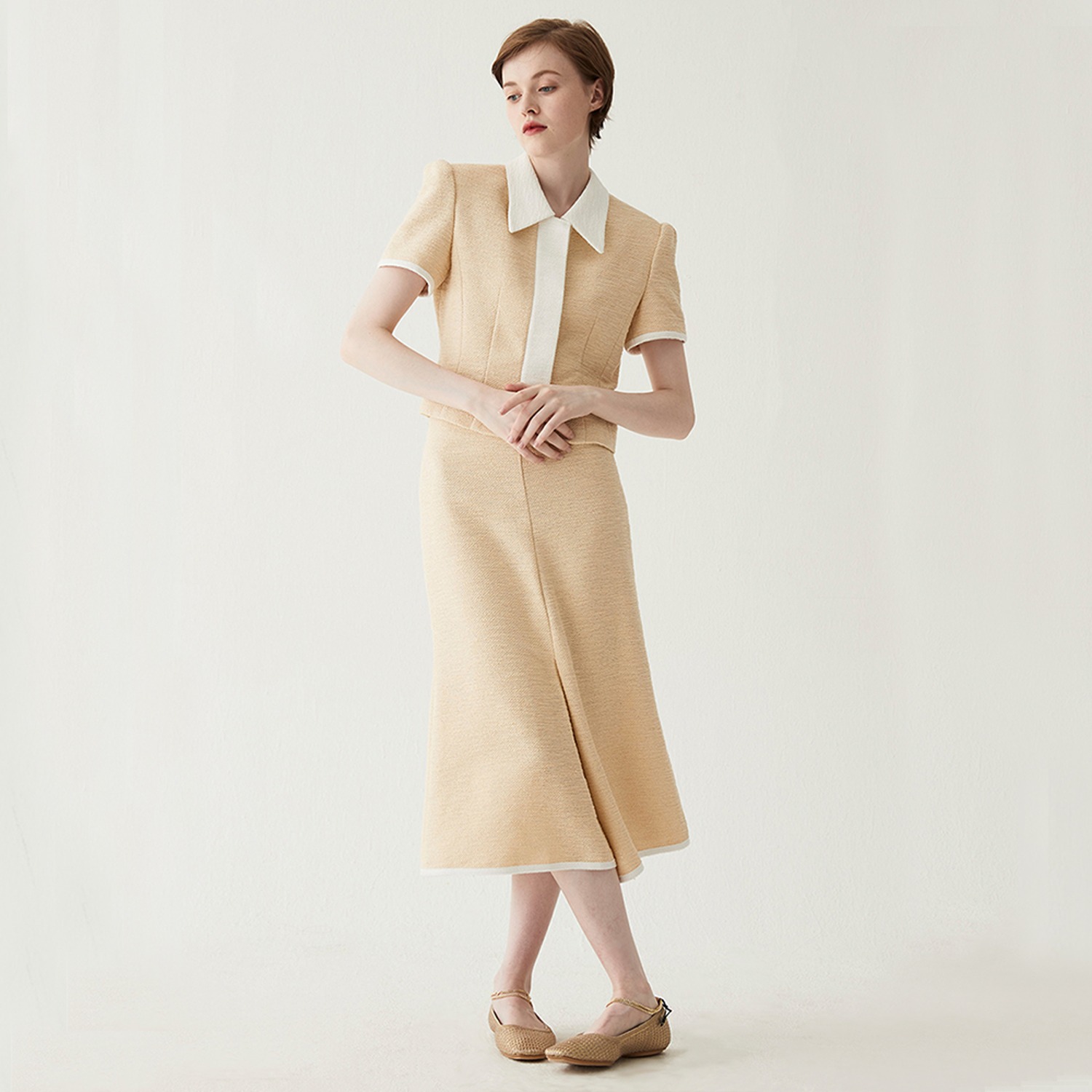 Summer Tweed Front Slit Skirt - Beige