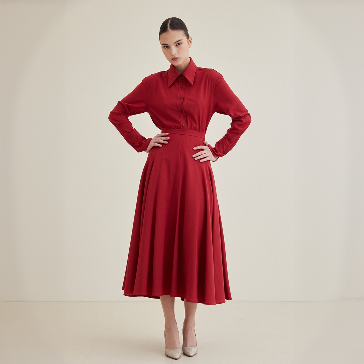 Shirring Detail Flare Skirt - Red