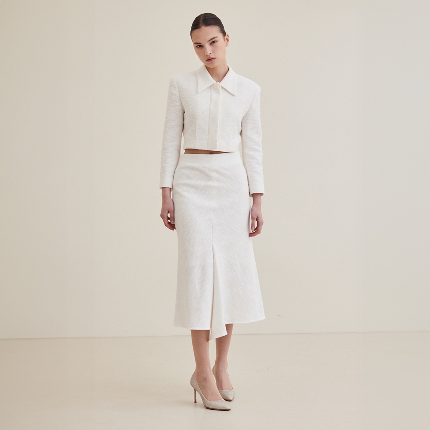 Tweed Front Slit Skirt - White