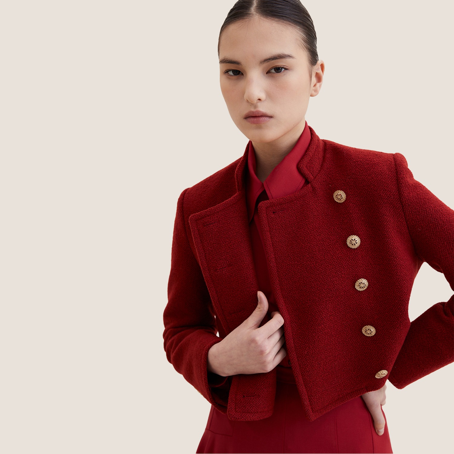 Wool Cropped Tweed Jacket- Red