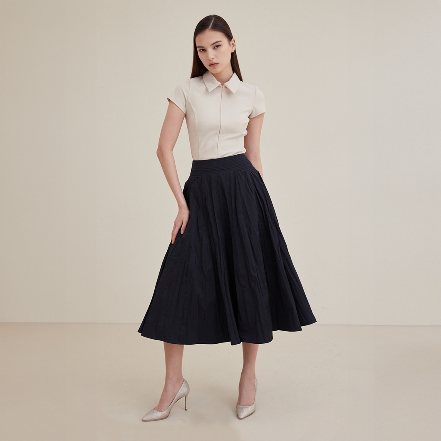 Pleated Wrinkle Line Skirt - Black