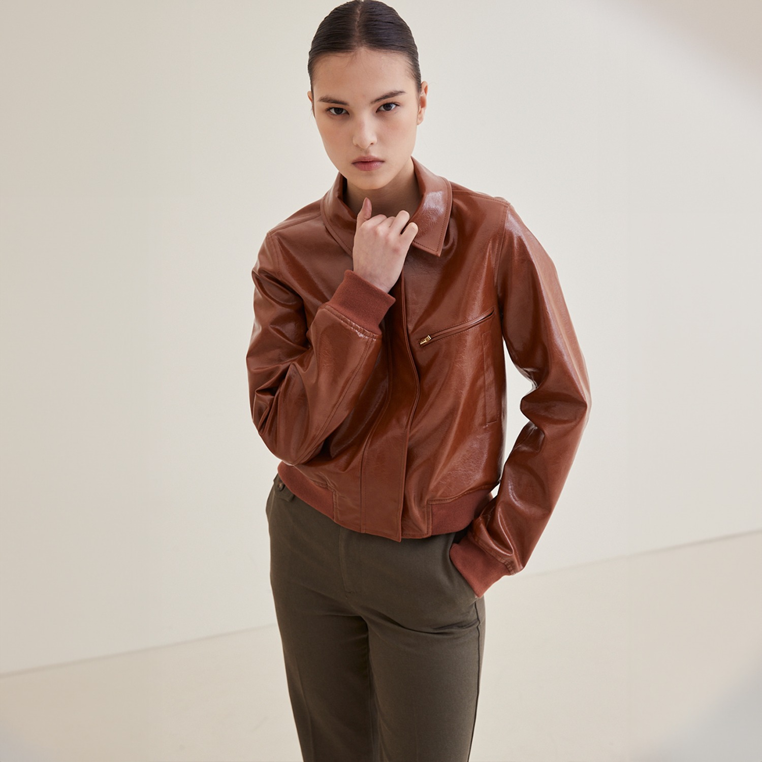 Cropped Leather Jumper - Brown