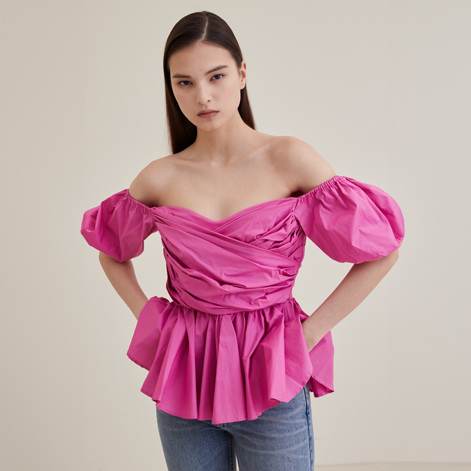 Shirring Off-shoulder blouse - Pink